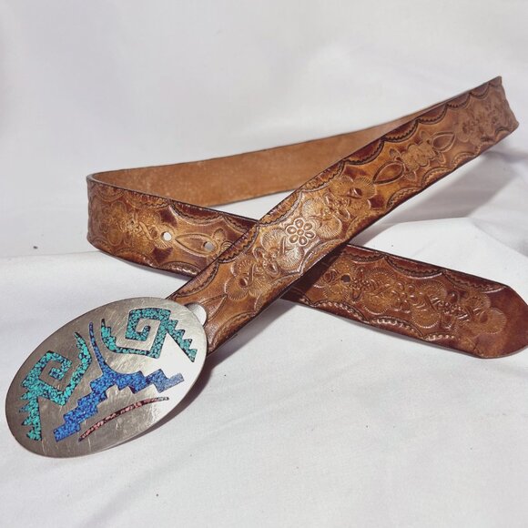 Mexican Silver-Turquoise Belt Buckle-Inlaid Stones/Chips-Tooled Leather Vintage main image 14